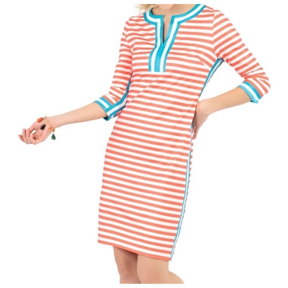 Gretchen Scott The Hinckley Coral Stripe V-Neck 3/4 Sleeve Tunic‎ Dress XS NWT